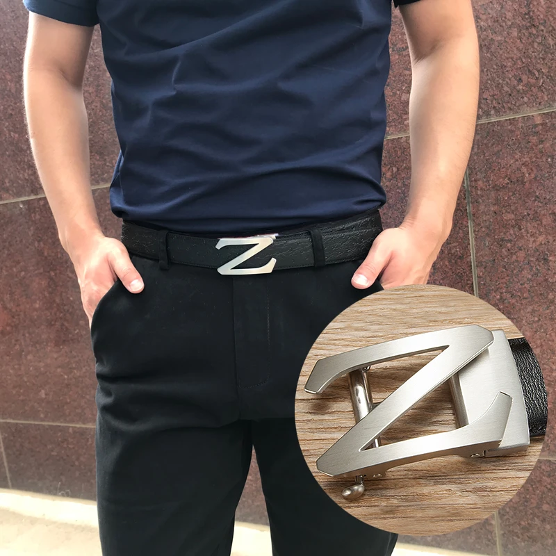 Z字母不锈钢自动扣扳手款皮带男真皮青年百搭纯牛皮腰带男士裤带