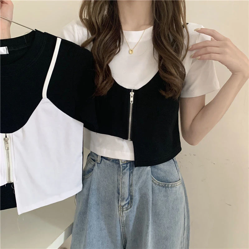 夏装2025新款女韩版撞色圆领短袖t恤女假两件衬衫女设计感小众潮