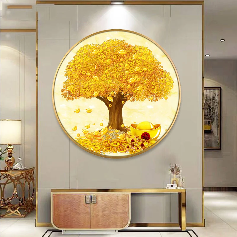 精品黄金满地装饰画5D满钻钻石画客厅圆框水晶DIY贴钻玄关十字绣