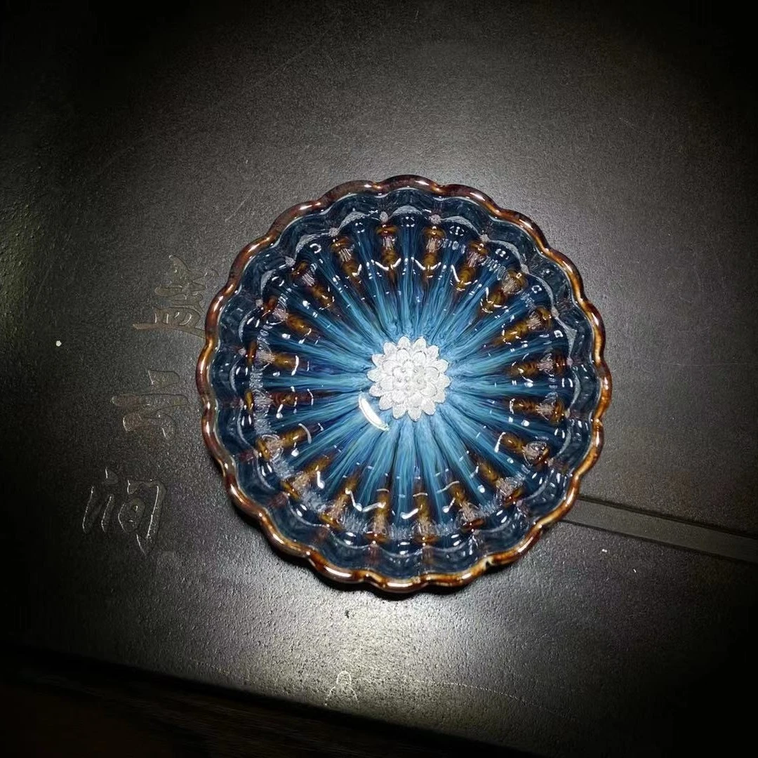 【水东建盏】天目莲花盏 精品高端品茗主人杯 镀银莲花葵口礼盒装