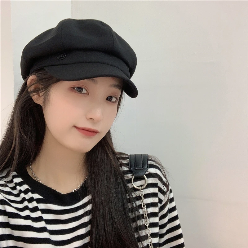 韩国黑色鸭舌贝雷帽女春夏2025新款八角帽英伦复古百搭网红画家帽