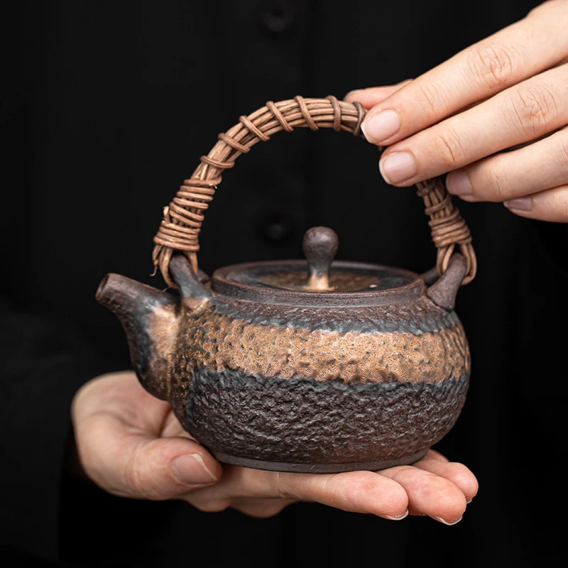 日式鎏金铁釉藤编提梁壶 家用复古小号陶瓷功夫茶道泡茶壶单壶