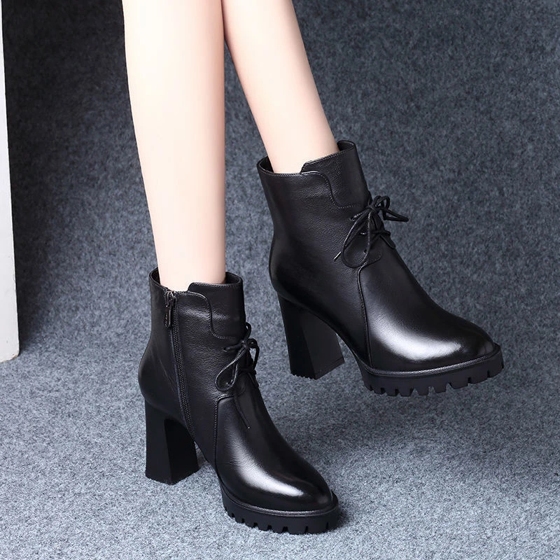 真皮单靴女粗跟2024秋冬季新款高跟马丁靴春秋百搭短筒小皮靴短靴