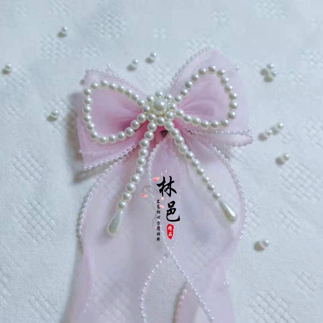 林邑精品2021夏季新款儿童发饰珍珠蝴蝶结大飘带