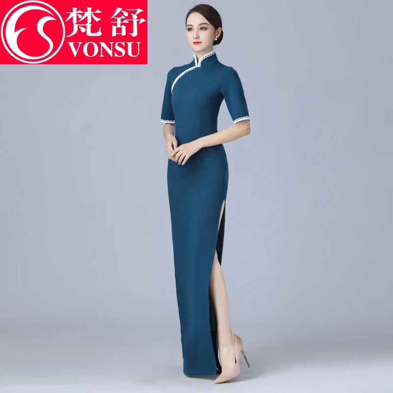 【梵舒宠粉】现代舞改良版舞蹈表演走秀长款旗袍演出服春秋D9606