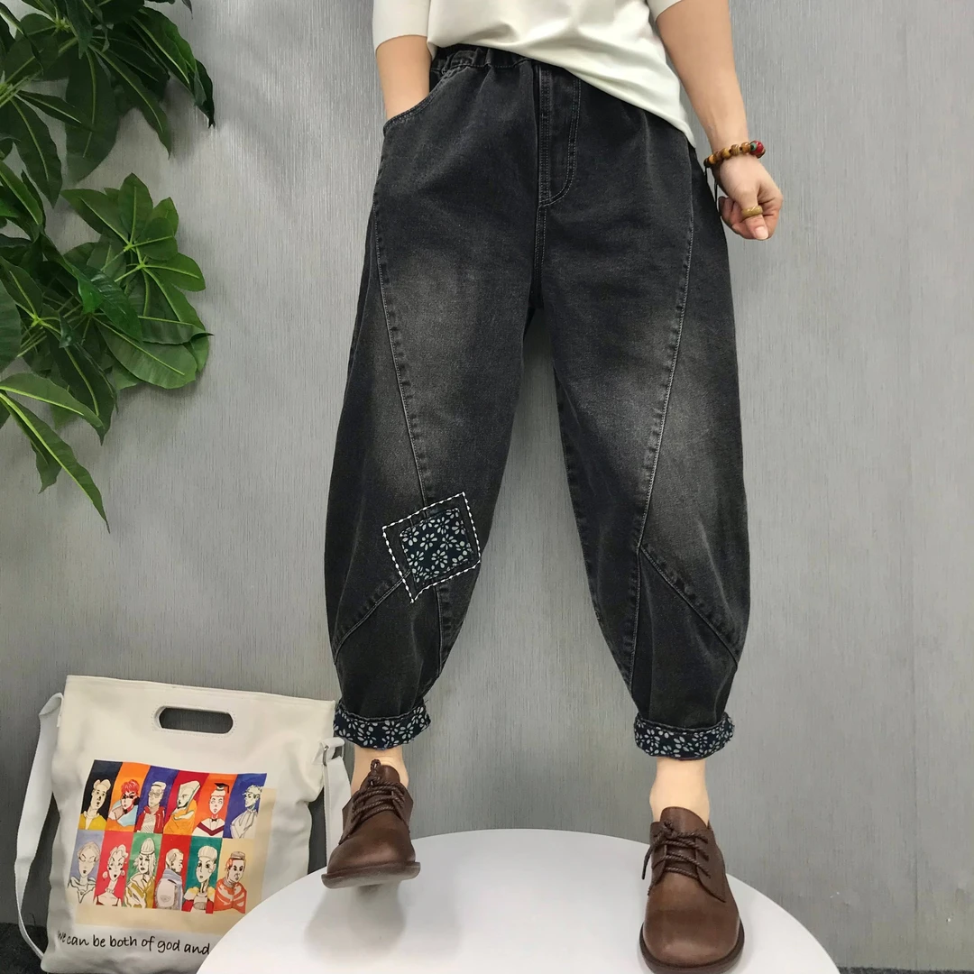 秋装新款微胖大码女装贴布牛仔裤老爹裤女装