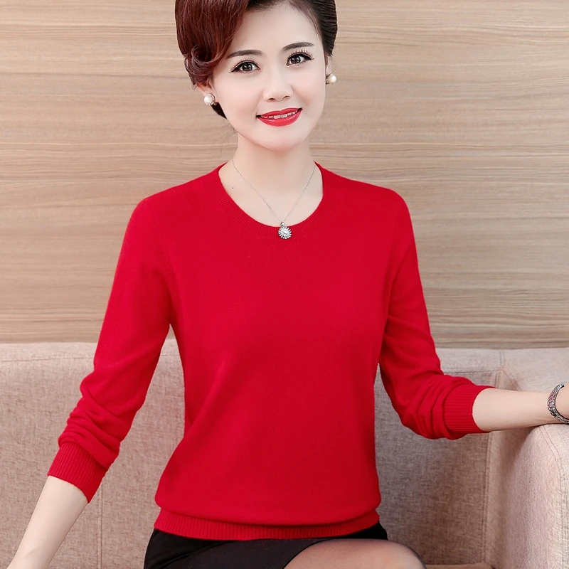 中老年女本命年纯羊毛100%打底衫洋气百搭妈妈装红色圆领毛衣保暖