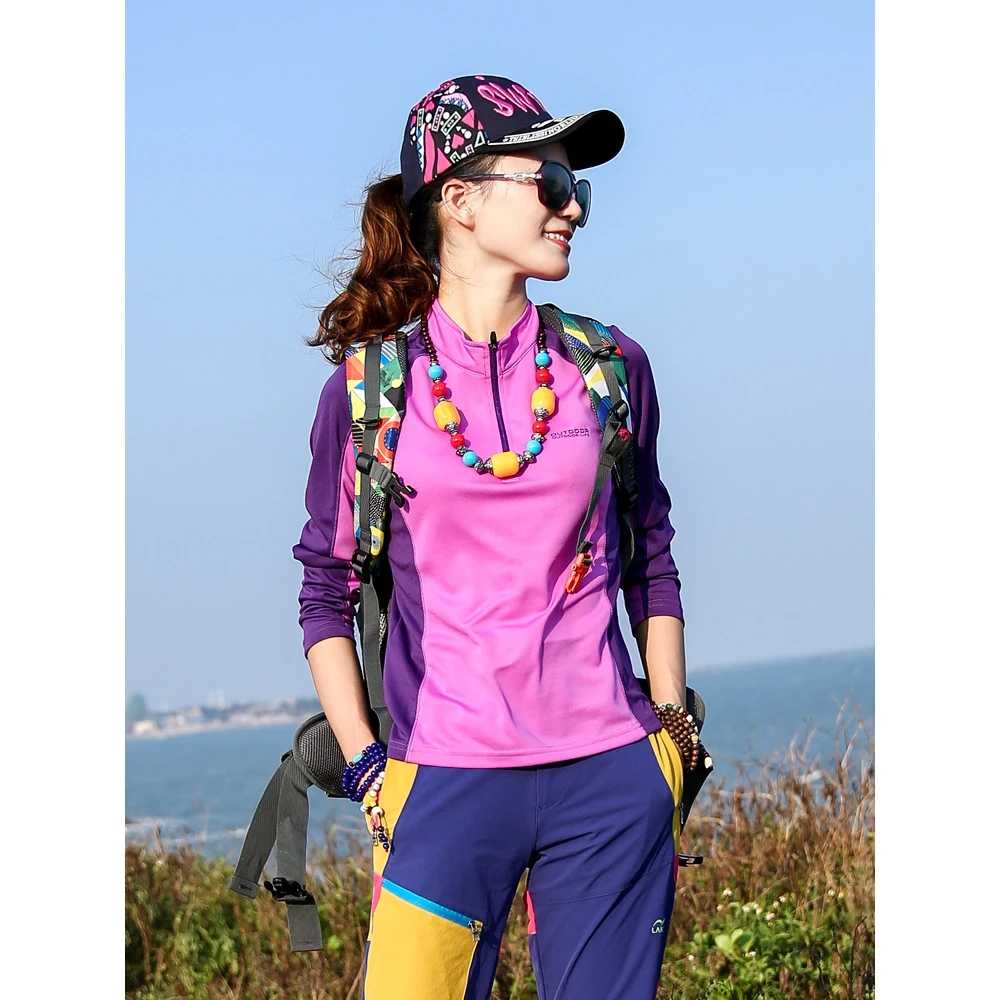 户外速干衣女长袖T恤上衣拼色修身显瘦防晒吸汗透气运动登山徒步