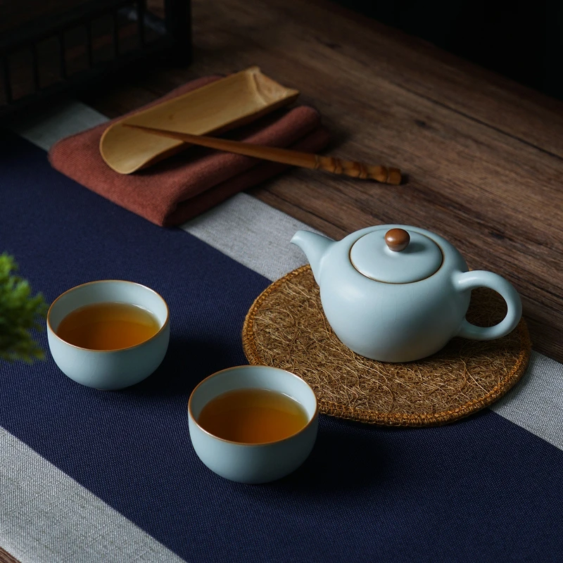 汝窑缘觉若水旅行茶组 旅行茶具套装 户外便携一壶二杯景德镇陶瓷