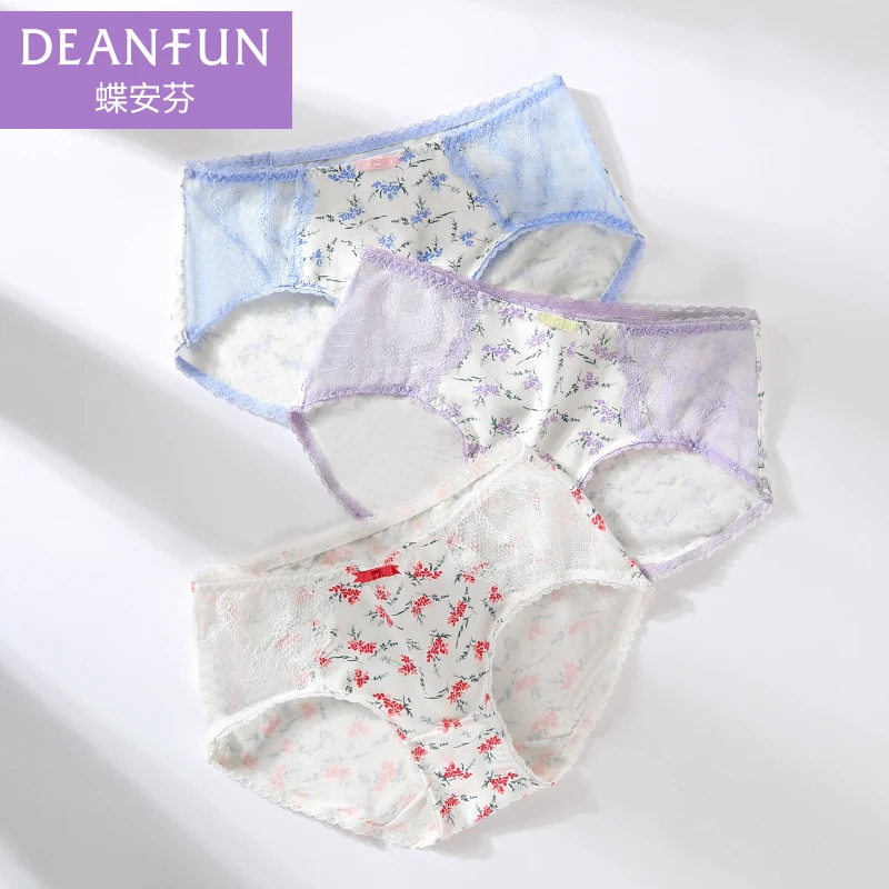 DEANFUN/蝶安芬内裤女蕾丝边印花中腰冰丝网纱性感包臀底裤短裤头