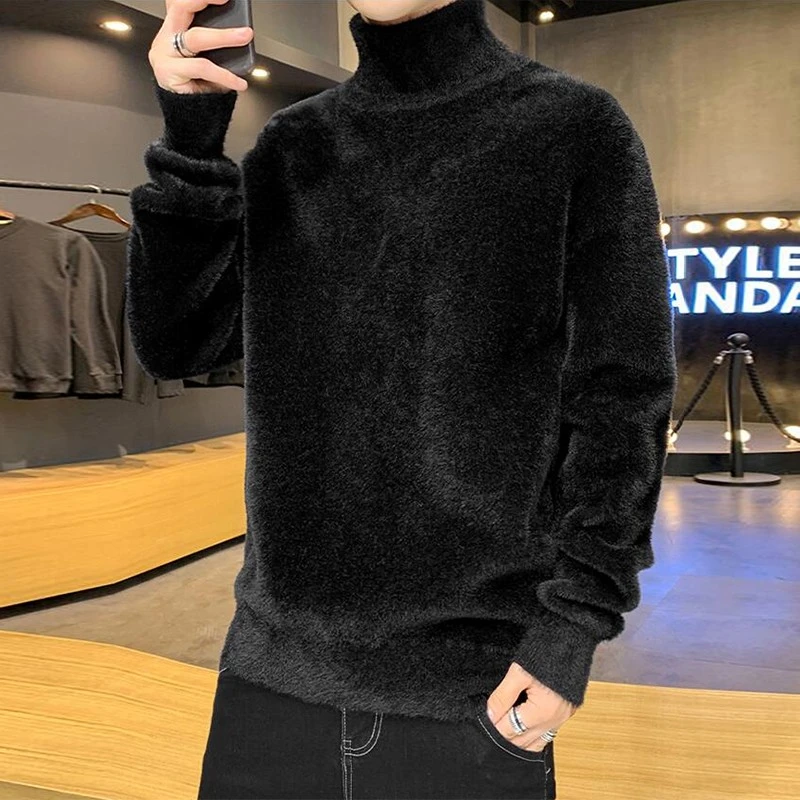 青少年水貂绒高领毛衣男秋冬季初中大学加绒加厚百搭纯色保暖打底