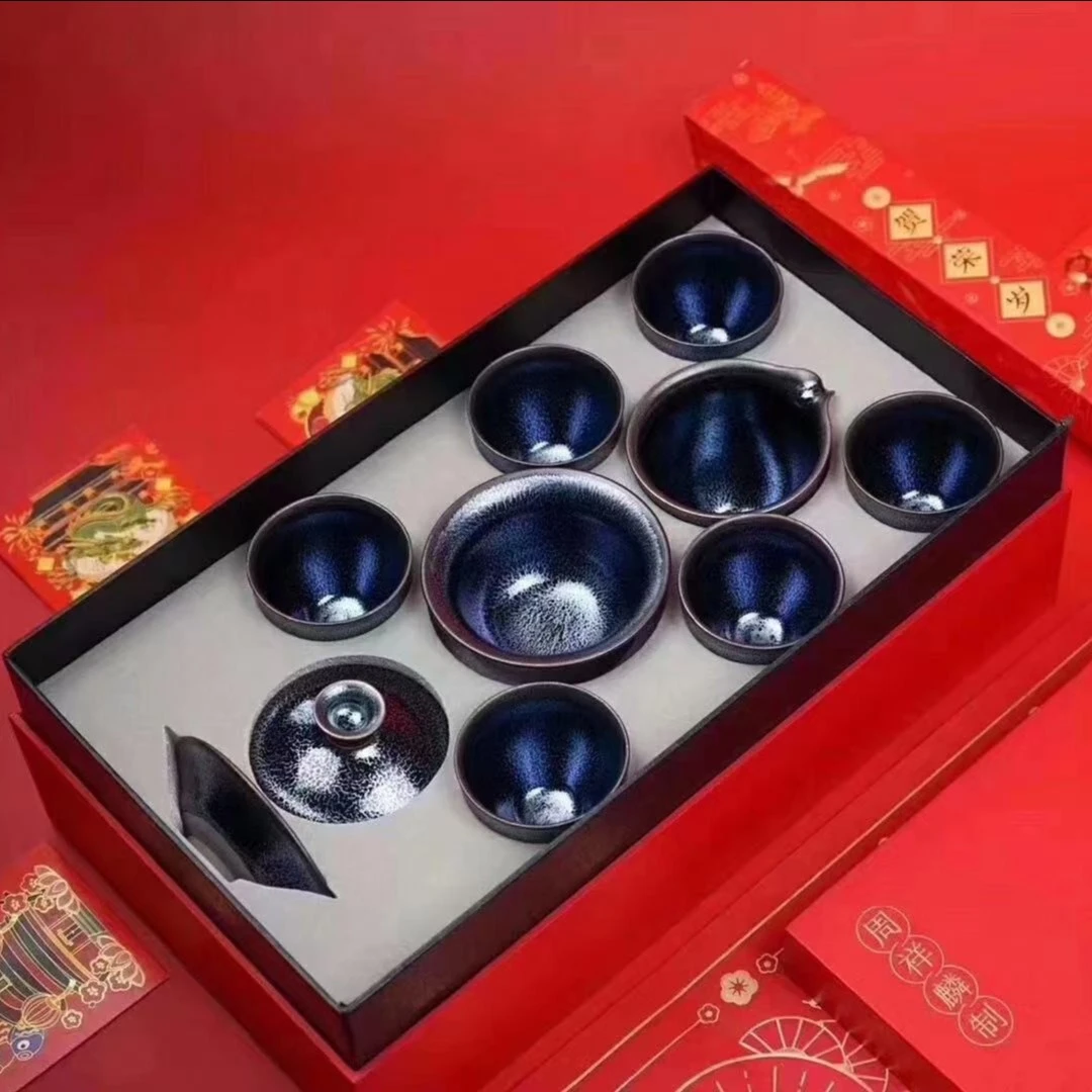 建窑建盏 蓝麒麟茶具套装 养彩必备 原矿铁胎送礼佳品手工茶盏