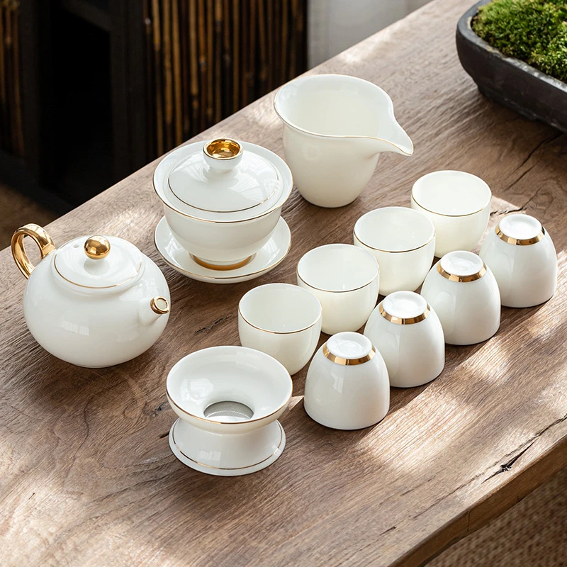 羊脂玉茶具套装高档礼品全套功夫茶杯轻奢盖碗白瓷整套礼盒装定制