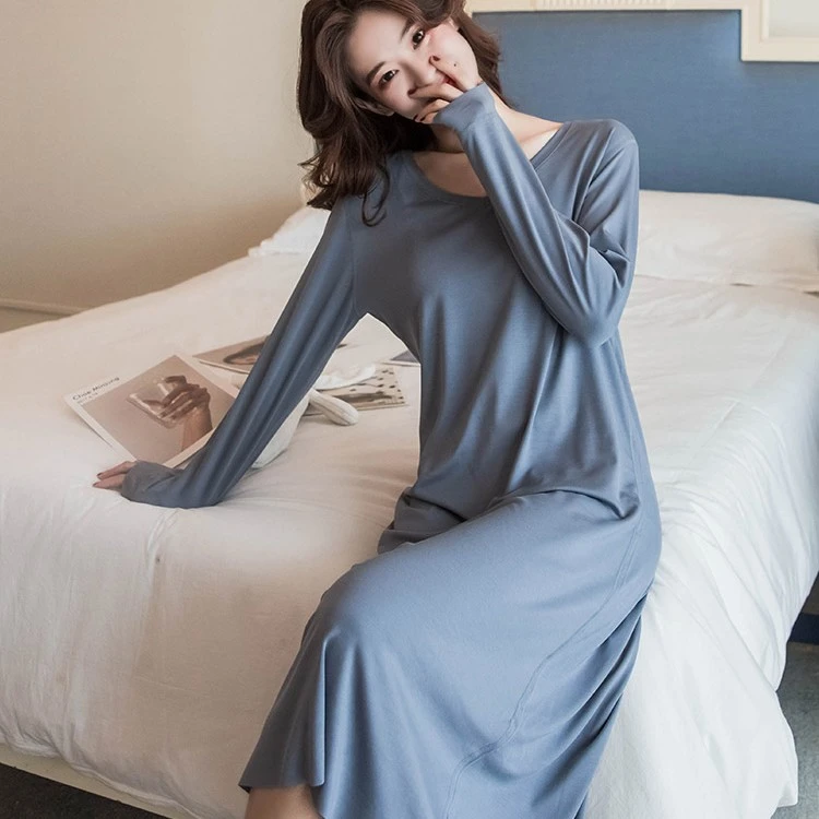 微辣莫代尔睡衣女长袖春夏季中长款过膝大码睡裙可外穿家居服春秋