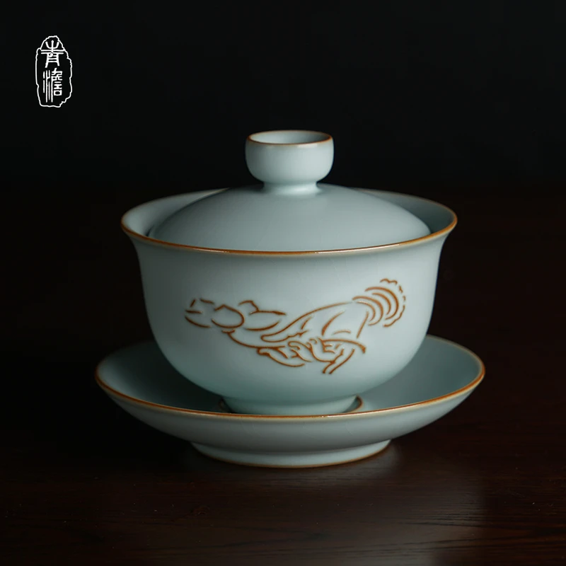 青澹汝窑拈花手禅缘盖碗230ml 家用复古茶碗景德镇陶瓷三才盖碗
