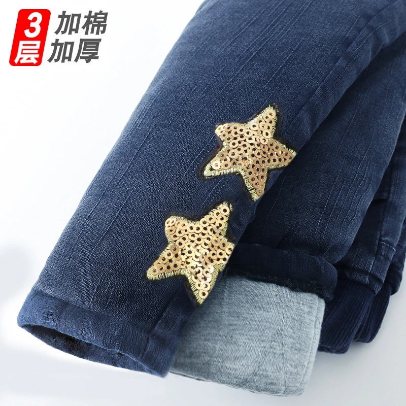 女童加绒裤儿童牛仔棉裤加厚外穿女大童冬季三层夹棉冬装保暖裤子