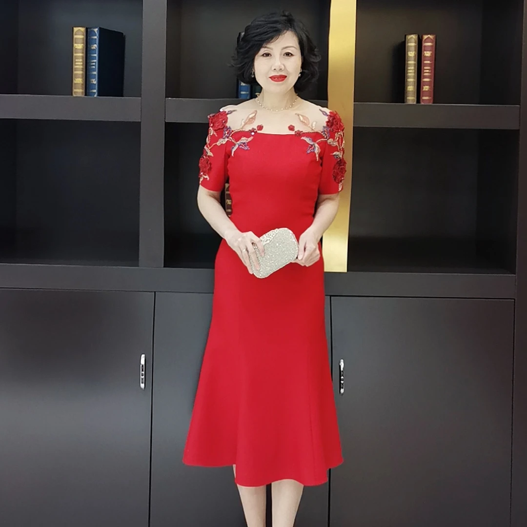 YINGDAK/应大大红夏季网纱绣花中长款连衣裙女鱼尾裙场合装连衣裙