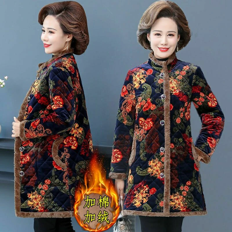 婷贵夫人加绒加厚花色棉衣妈妈装中老年保暖冬季大码中长款