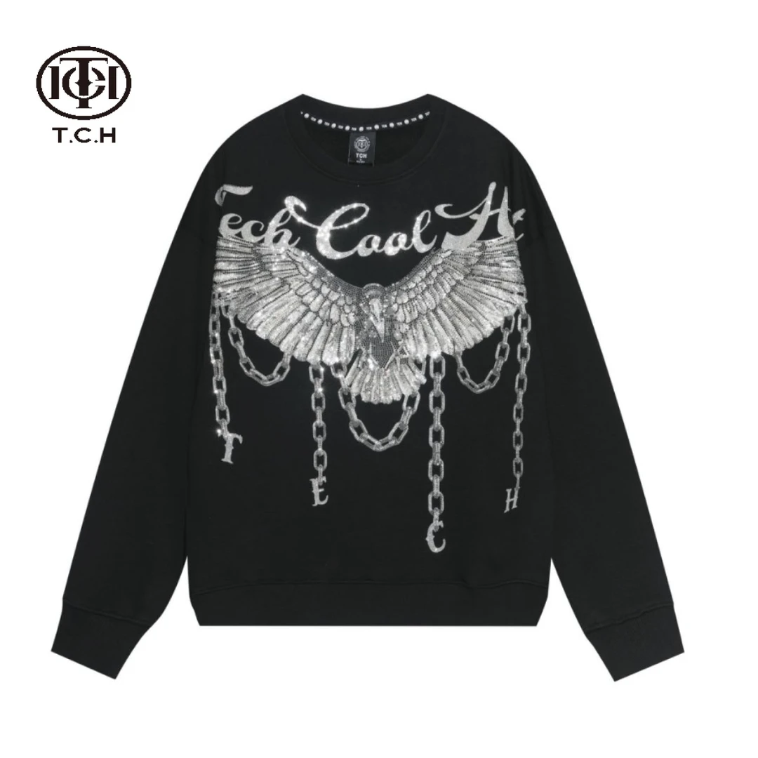 爆款-TCH重工链条鹰烫钻时尚休闲高奢圆领黑色卫衣T21311C6026