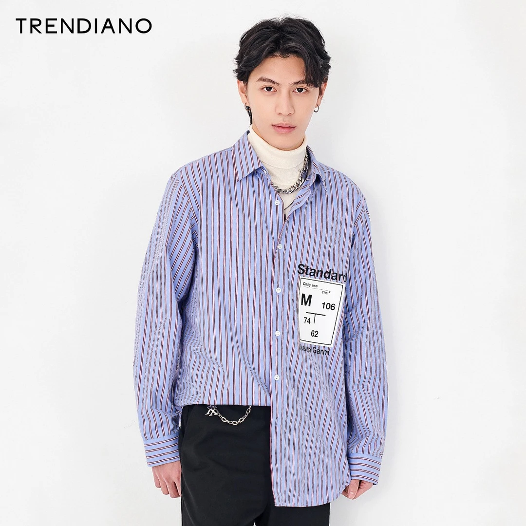 TRENDIANO潮牌春季男装衬衣印花条纹衬衫男3NC101519P时尚尖领