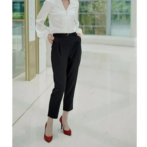 黑色简约时尚显瘦休闲气质通勤细腰带萝卜裤