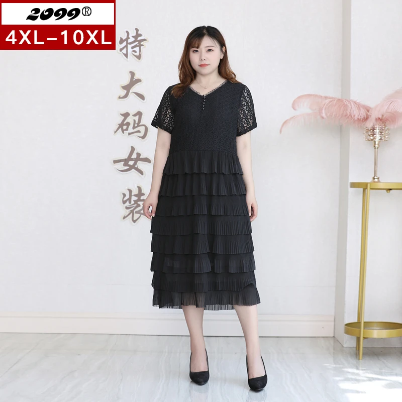 61355C蕾丝拼接中长款短袖连衣裙显瘦胖mm加肥大码女装高端裙子女