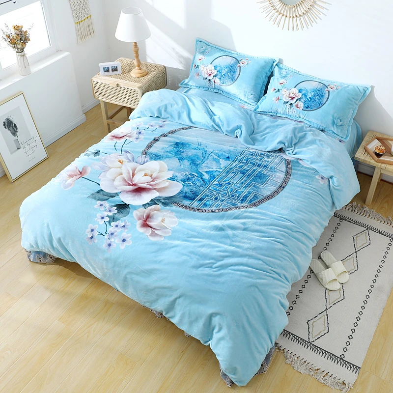 古典牡丹云毯绒暖绒数码印花床裙四件套床裙被罩枕套亲肤柔软舒适