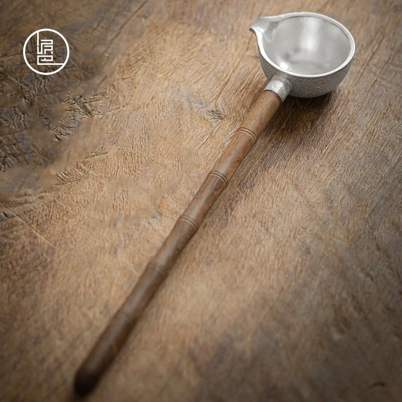 瑞哥 鎏银纯银舀茶勺分茶器功夫茶具 煮茶器配件实木茶勺家用