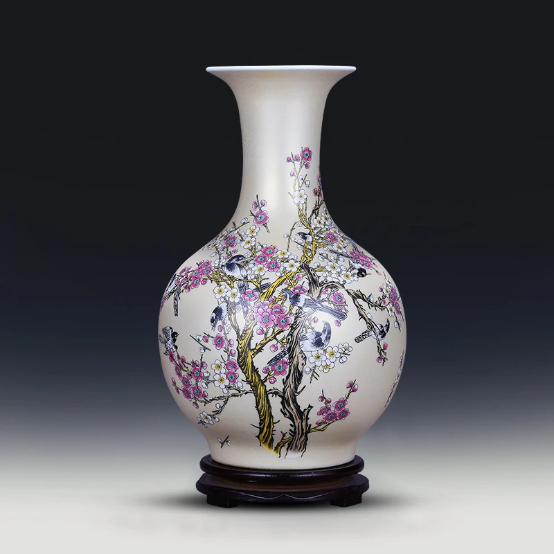 鸿轩景德镇陶瓷喜上眉梢花瓶金色赏瓶现代中式家居客厅工艺品摆件