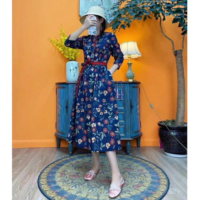 2025秋季新款长袖印花棉麻连衣裙碎花气质时尚复古