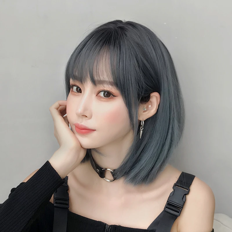 七街皇后假发LISA同款时尚修脸青灰色全头套短发流行色甜妹锁骨发
