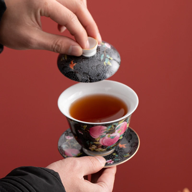 珐琅彩盖碗陶瓷三才盖碗九桃泡茶功夫茶具扒花寿桃泡茶器190cc