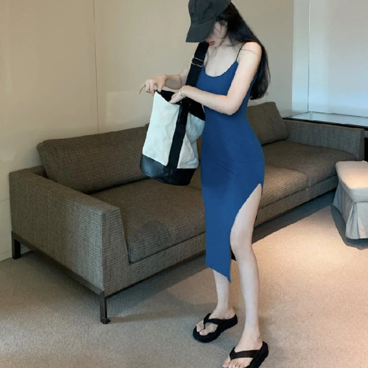 猫伽Mèche【性感时尚】开叉连衣裙紧身吊带裙中长款辣妹包臀裙