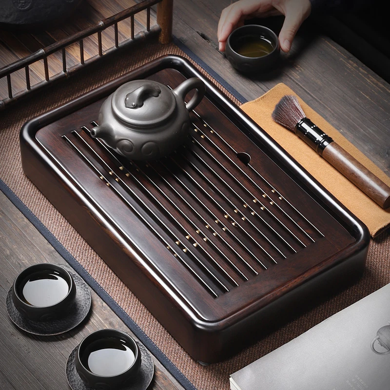 家用黑檀木实木茶盘茶台茶海 简约办公室盛水蓄水小茶台水杯托盘