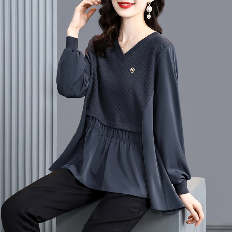 2218M-3XL三色假两件毛衣针织衫早秋新款宽松洋气时尚上衣WP050