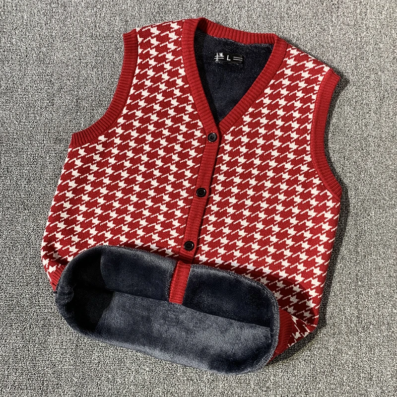 小香风千鸟格加绒加厚高端针织开衫马甲女士冬季保暖外穿毛衣背心