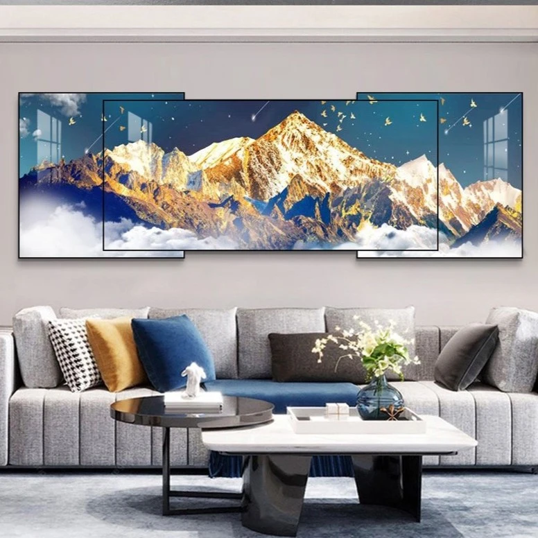现代轻奢客厅装饰画沙发背墙挂画日照金山三叠画