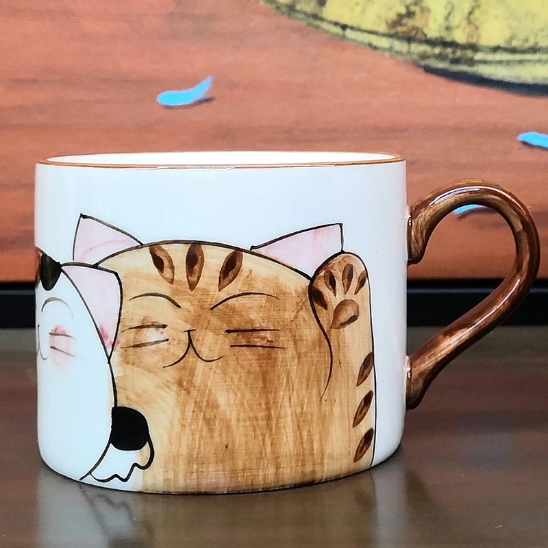 手绘手彩釉下彩招财猫杯碟咖啡杯碟猫咪个性创意礼品早餐杯