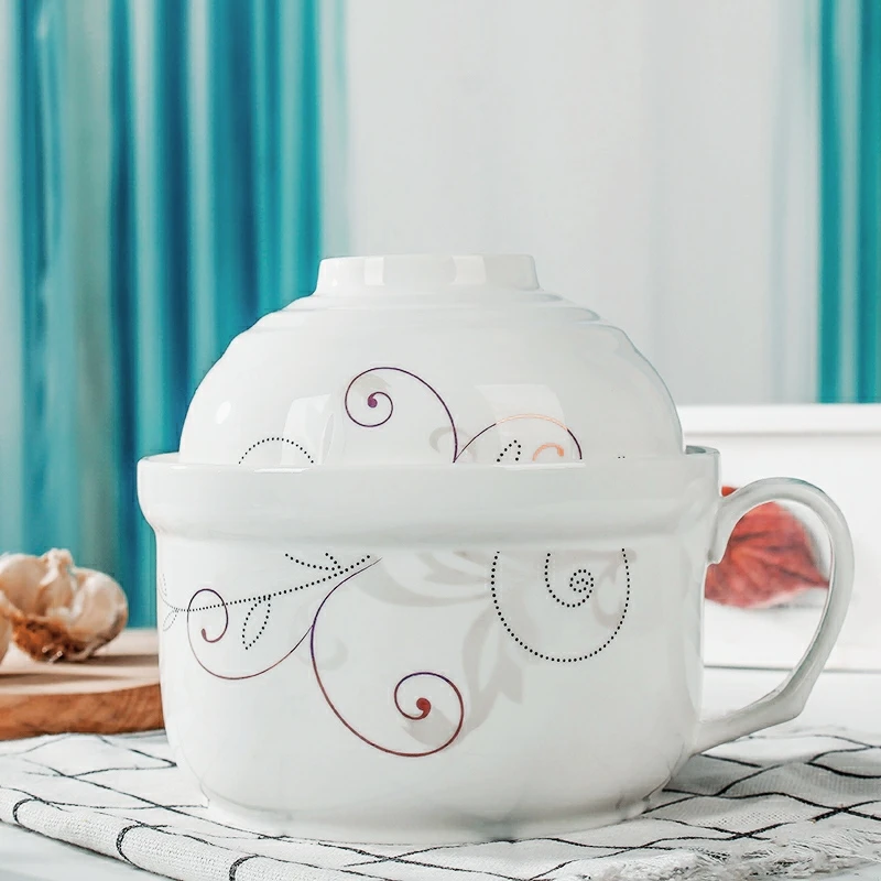 泡面碗食堂打饭碗带盖带把手陶瓷大碗桶碗学生宿舍吃面神器大容量