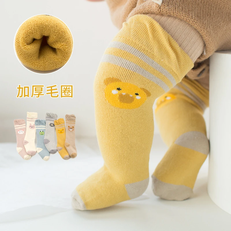 3双装秋冬新款毛圈加厚宝宝袜子婴幼儿卡通长筒过膝松口袜保暖