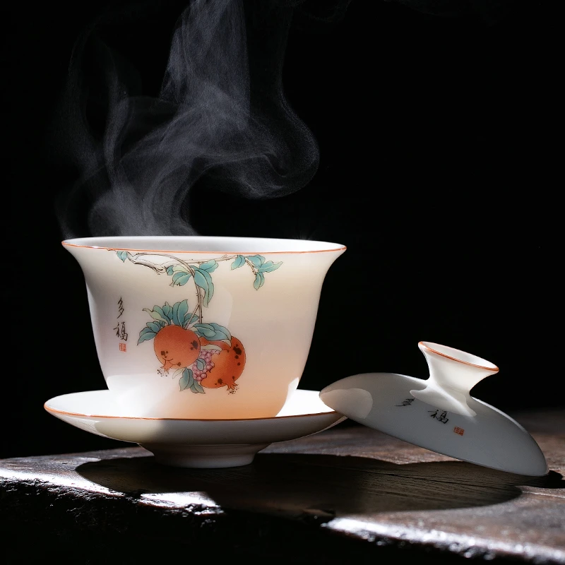 新视觉茶器  羊脂玉白瓷三才盖碗家用泡茶陶瓷功夫茶具防烫手抓碗