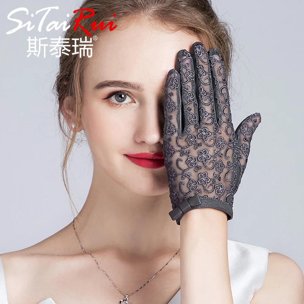 女士真皮蕾丝开车骑车冬天春夏季防晒小羊皮短款触屏单款皮手套