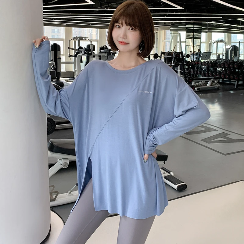 春夏女宽松高弹速干T恤大码胖mm健身服长袖上衣瑜伽服显瘦长款达