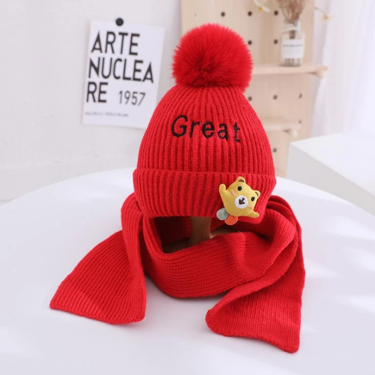 儿童男女小孩子宝宝冬天过年红色针织毛线保暖帽子围巾套装厚韩版