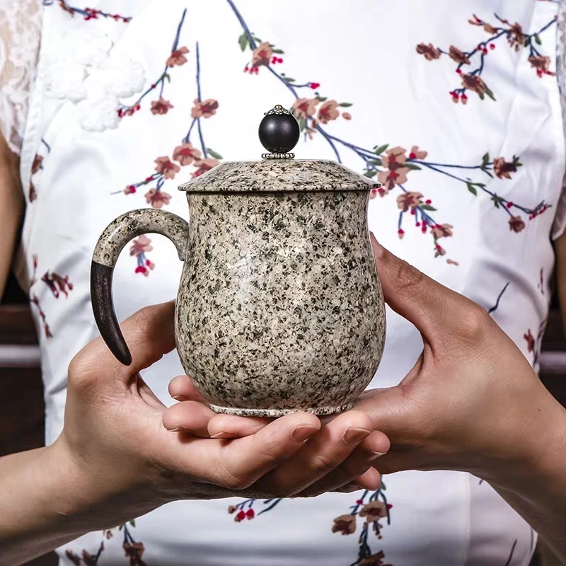 RENHE正品内蒙复古陶瓷麦饭石水杯带盖月牙杯家用杯子茶杯马克杯