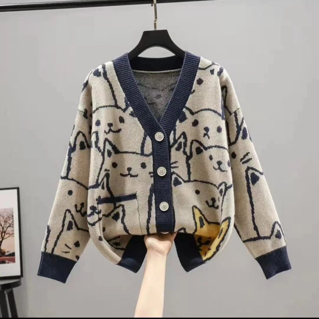 HUAJIEGUAI/花季E柜新款实拍V领小猫拼色口袋针织开衫