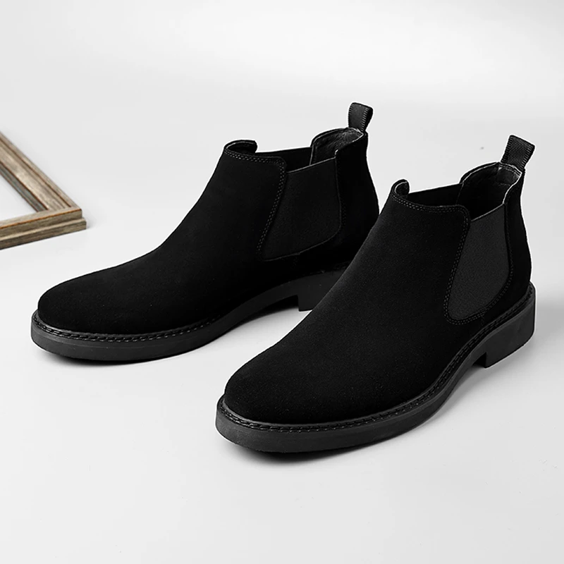 秋冬英伦切尔西靴真皮加绒中帮男马丁靴磨砂皮休闲牛仔靴棕色短靴