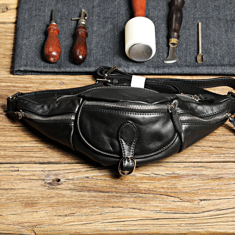 长35宽16厚9女款腰包多口袋黑色真皮胸包休闲90309