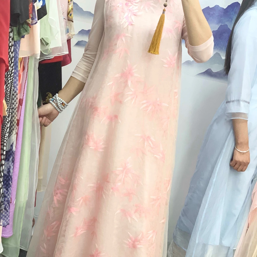 【玉竹】新国风双层真丝刺绣改良旗袍复古茶服气质女装连衣裙长款
