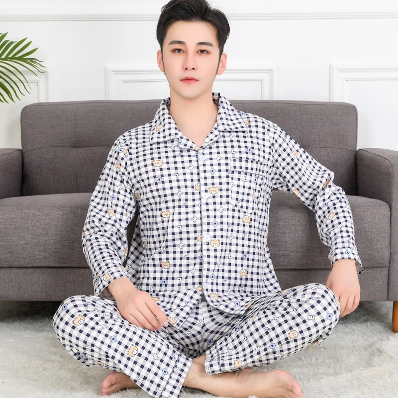 睡衣男长袖卡通开衫翻领棉质居家服套装格子男士家居服春秋爸爸